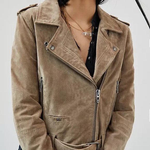 Anthropologie BLANKNYC L NWT Sueded Leather Moto Jacket Motorcycle Taupe Large - Picture 6 of 6